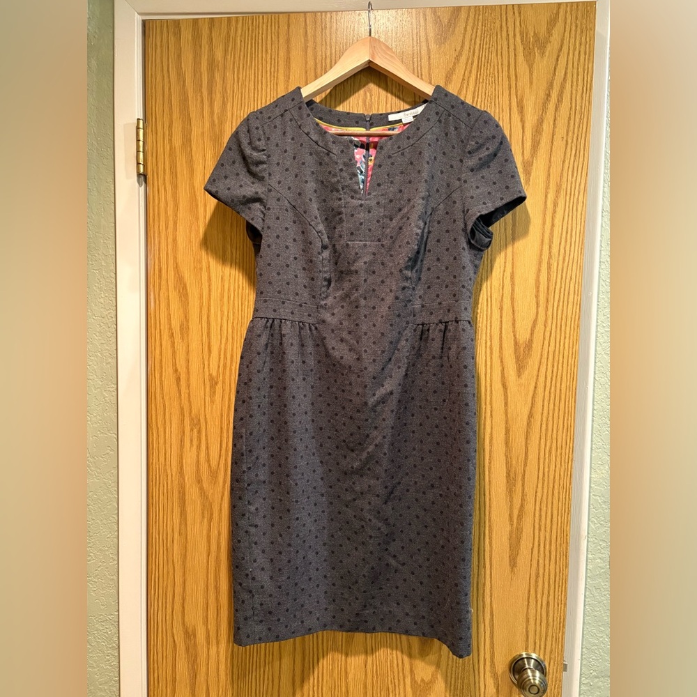 Boden Charcoal Polka Dot Midi Dress size 8P. Wool/Full Lining